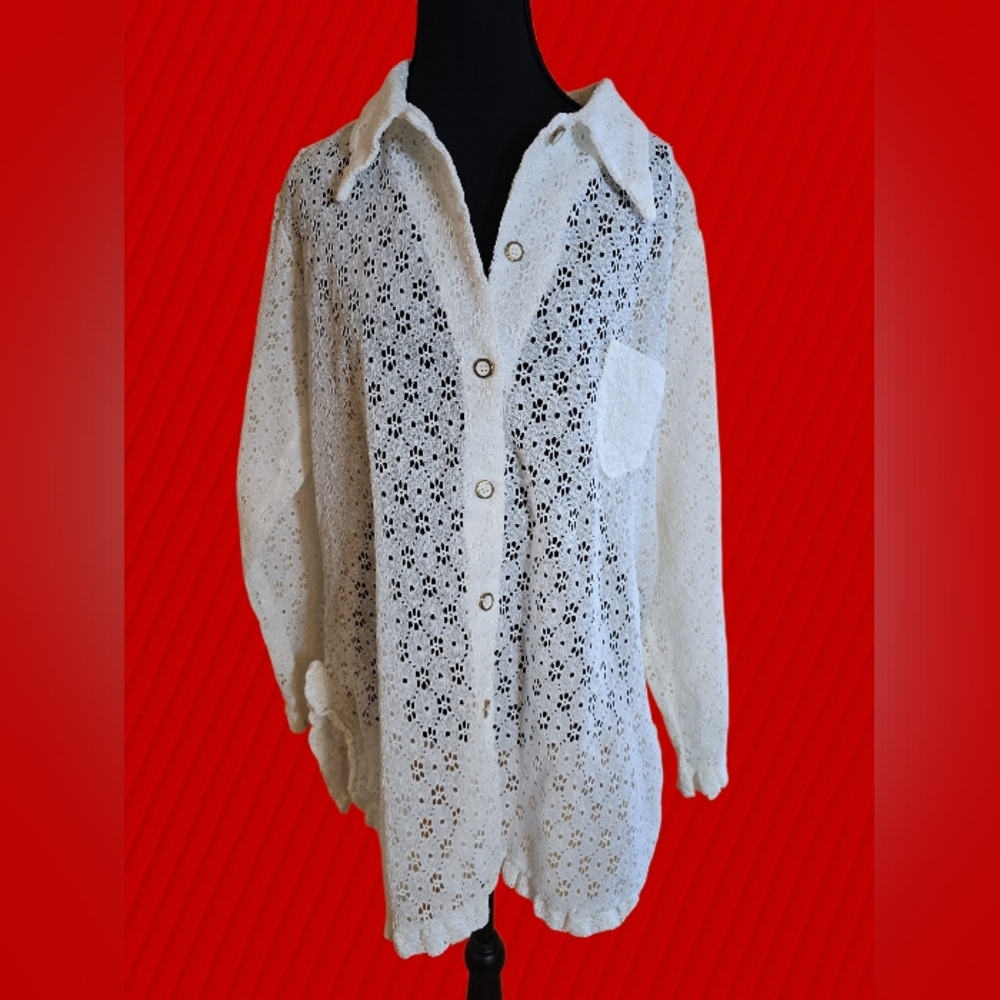 Vintage Dotti White Crochet Button-Front Long Sleeve Women's Top